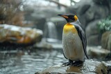 A solitary King penguin stands majestically on a rock, its sleek feathers glistening with water droplets amidst a tranquil backdrop
