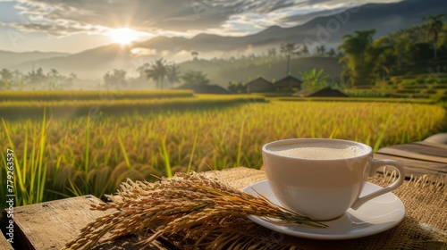 A coffee in the season of harvest has arrived. Coffee with rice grains and weeds beside it. Coffee and harvest season are a good combination. photo