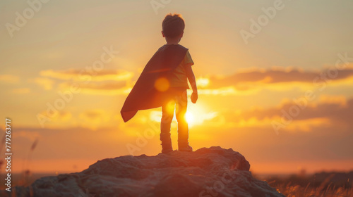 Young child dressed as a superhero stands on a rock with sunset in the background, symbolizing hope and imagination.