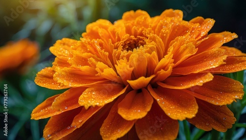 A majestic close-up of a marigold bloom, showcasing its fiery orange petals