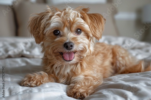 A cute small dog with a cheerful expression lying comfortably on a bed, looking at the camera invitingly
