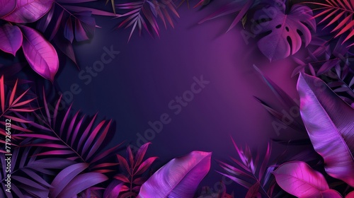 Lush tropical foliage in shades of purple, pink, and green forming a frame on a vivid purple background, perfect for creative design space