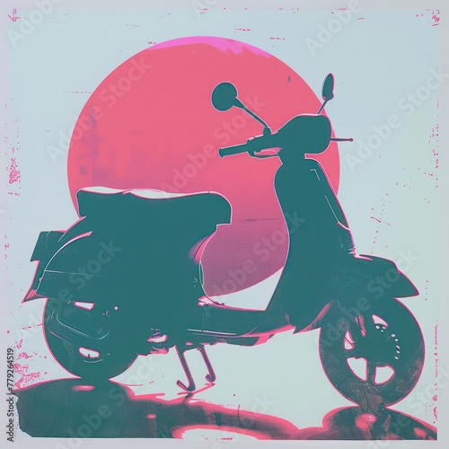 A classical scooter stands in silhouette with a vibrant pink moon in the background, creating a nostalgic and stylish image reminiscent of past eras photo
