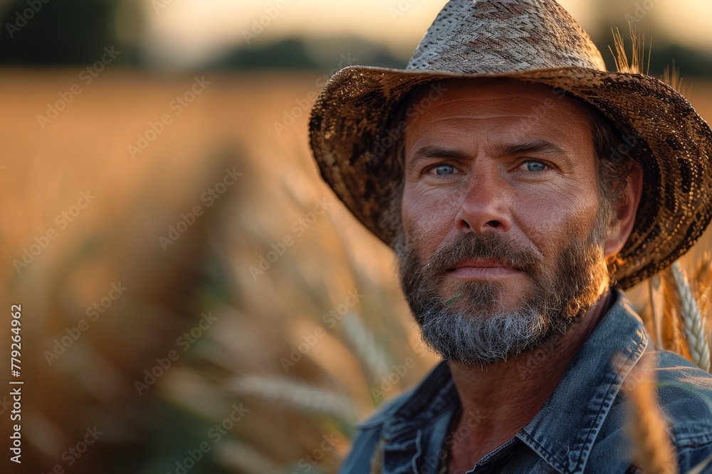 Rugged male farmer wears a straw hat standing among golden wheat during sunset