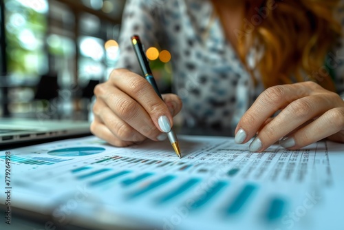Detailed view of a woman's hands reviewing financial reports with charts and data analysis