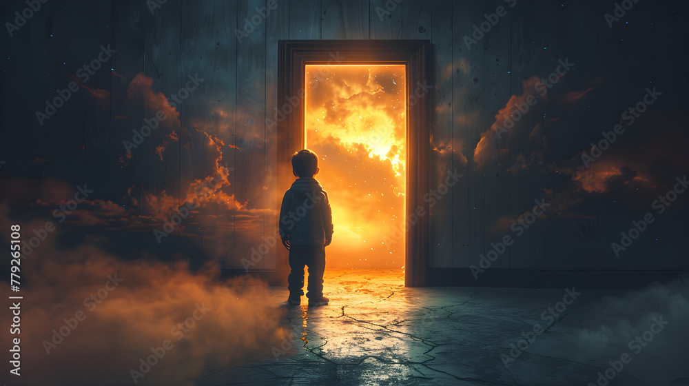 Fototapeta premium A little boy stands in front of an open door to another world on World Autism Awareness Day