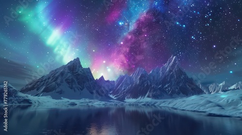 A stunning natural light display of vivid aurora borealis over a serene snowy mountain range reflected in the calm waters below under a starry sky photo