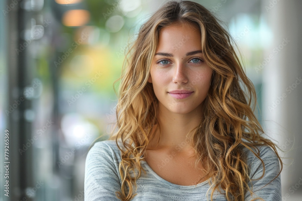 Fototapeta premium A close-up of a young woman with captivating blue eyes and sun-kissed curly blonde hair