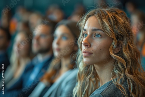 Serious blonde young woman attentively listening at a conference, with a blurred audience
