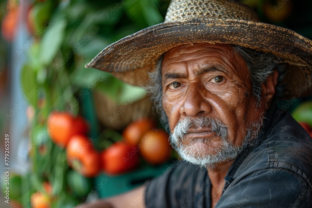 Elderly farmer in a straw hat intently observing tomato plants in a lush farm setting filled with ripe produce