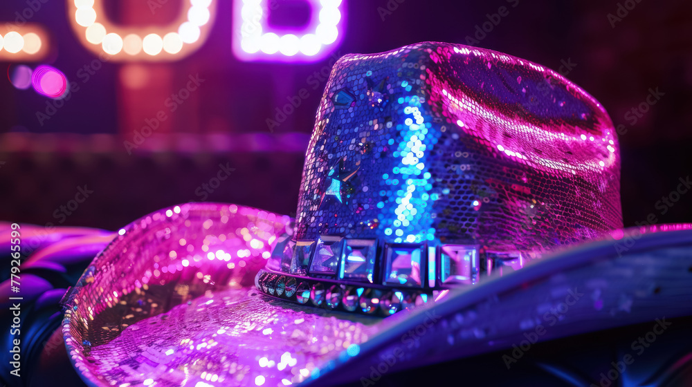 sparkling sequined cowboy hat with festive bokeh lights background in club atmosphere - obrazy, fototapety, plakaty 