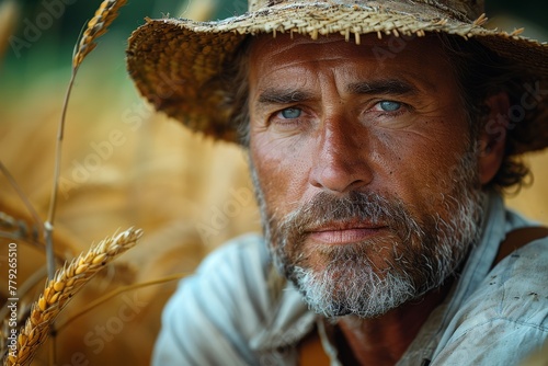 A sunlit portrait of a hardworking farmer holding wheat in a sun-kissed, golden wheat field during harvest time photo