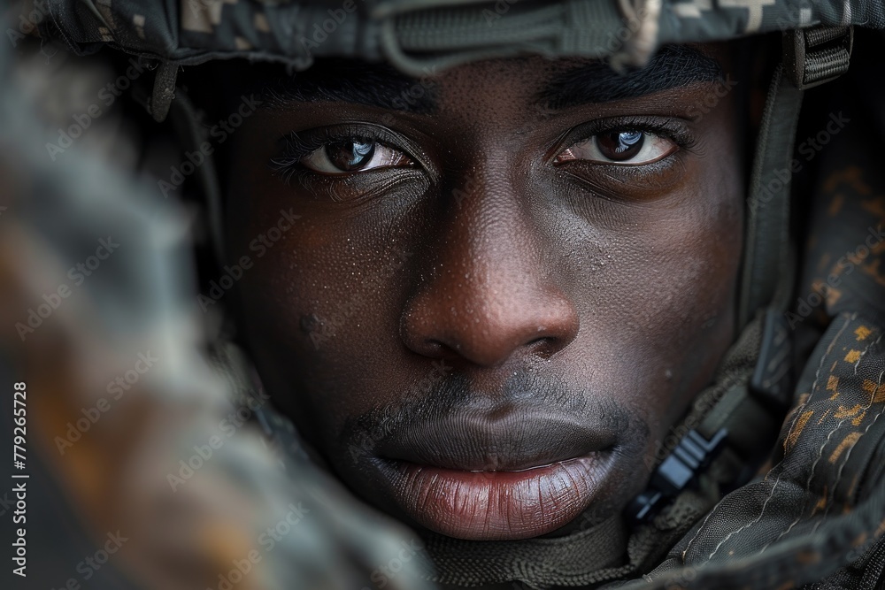 A detailed close-up of a military man's face, illustrating intensity and discipline amid a challenging environment - obrazy, fototapety, plakaty 
