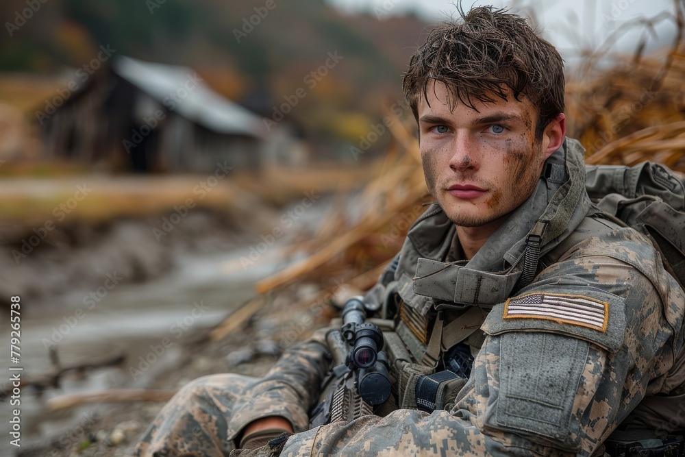 A young, contemplative soldier in camouflage gear rests outdoors, evoking themes of vigilance and defense