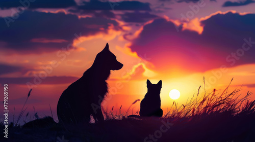 silhouettes of a dog and cat watching a stunning sunset together, friendship concept 