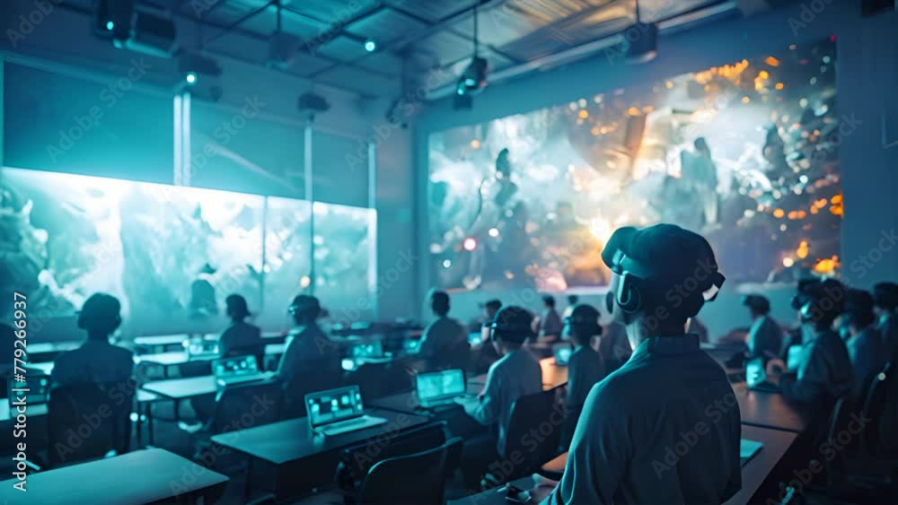 A modern classroom in the future, students learning through interactive 3D projections and virtual reality headsets