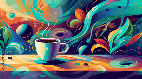 Abstract illustration of a coffee cup on a table in a cafe swirling patterns on the background