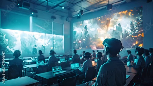 A modern classroom in the future, students learning through interactive 3D projections and virtual reality headsets