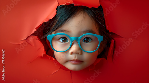 Pretty playful baby with glasses coming out of a colorful backgrounds. Childcare