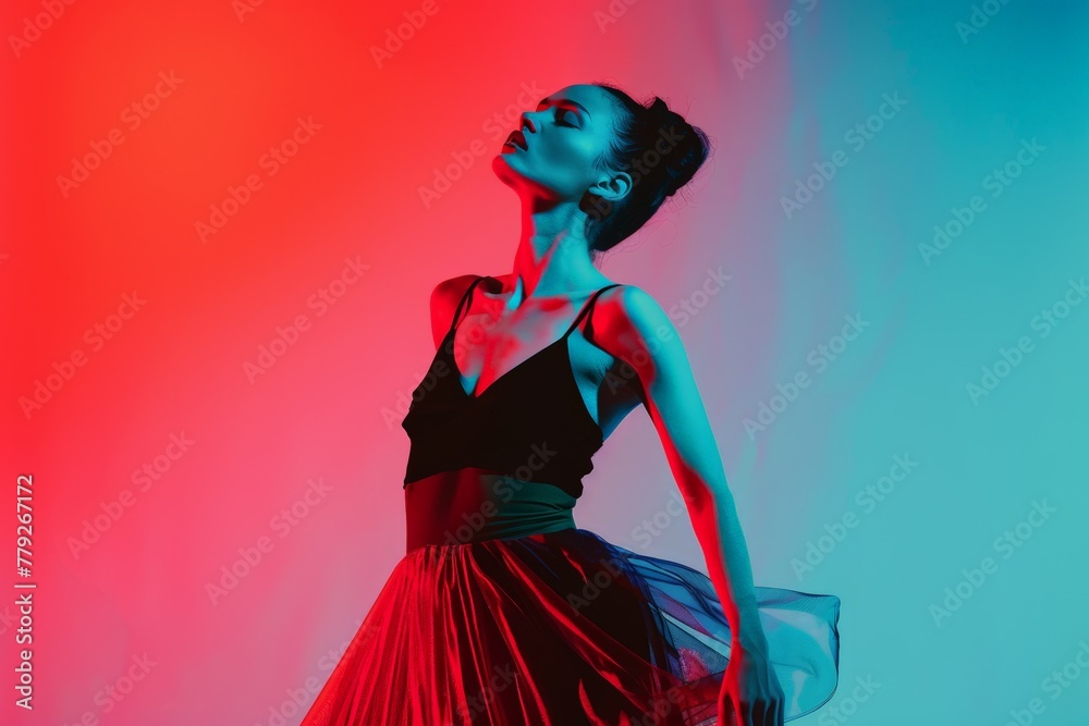 Ballerina Dancer in Red Skirt with Dynamic Neon Lighting. Generative AI. Ballerina Dancer in Red Skirt with Dynamic Neon Lighting. Generative AI.