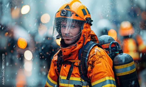 A firefighter in reflective orange gear stands in the rain, showcasing readiness and resilience.