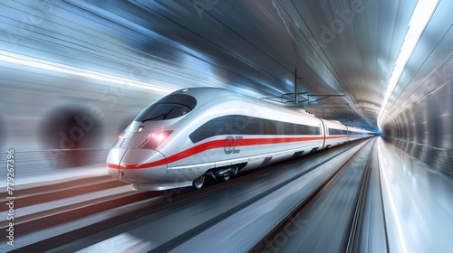 high-speed train in motion, blurring the platform and surroundings, emphasizing speed and modern transportation photo
