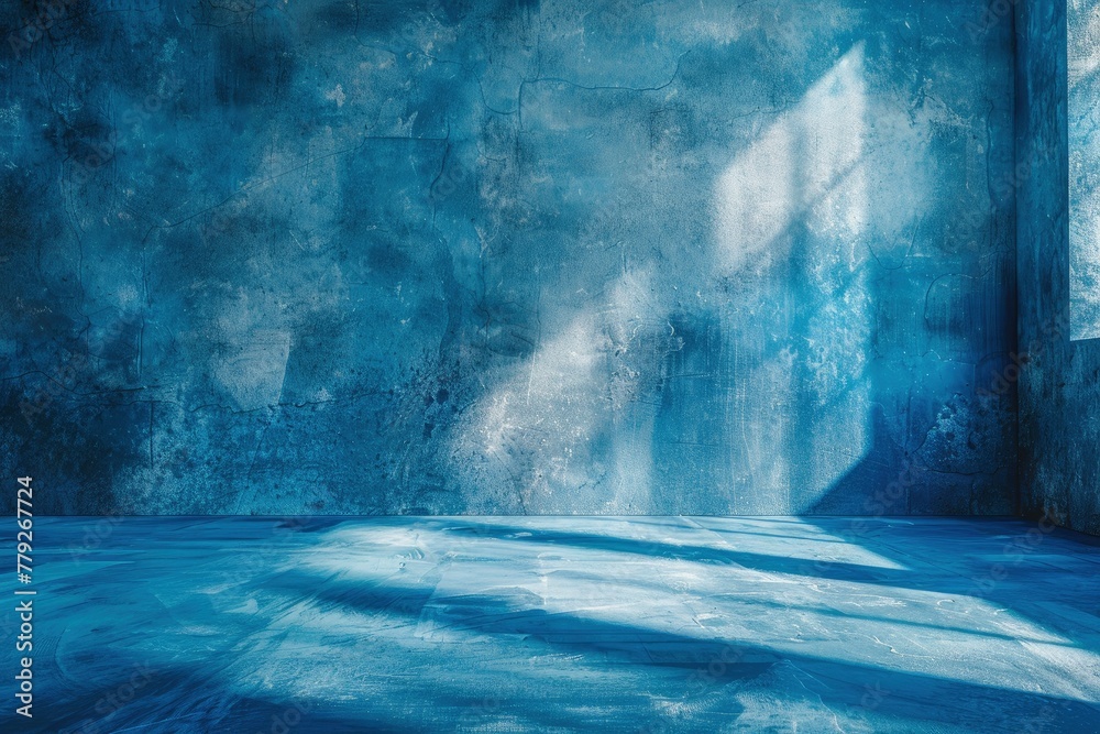 Blue concrete wall and floor with light and shadow backgrounds, use for ...
