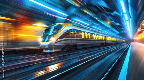 A modern high-speed train rushing through a tunnel with dynamic motion blur and vibrant blue lighting emphasizes speed, technology, and futuristic transportation