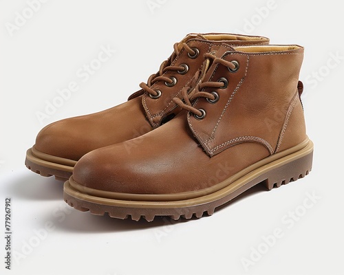 A pair of high-quality brown leather boots isolated on a white background, showcasing the product's details and craftsmanship photo