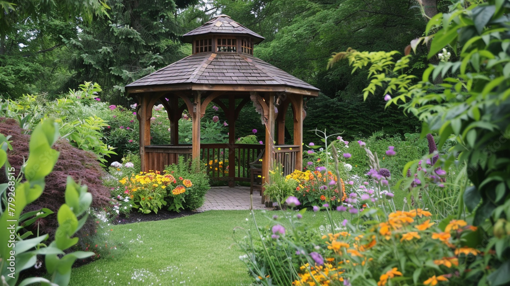 A peaceful garden gazebo surrounded by blooming flowers and greenery.