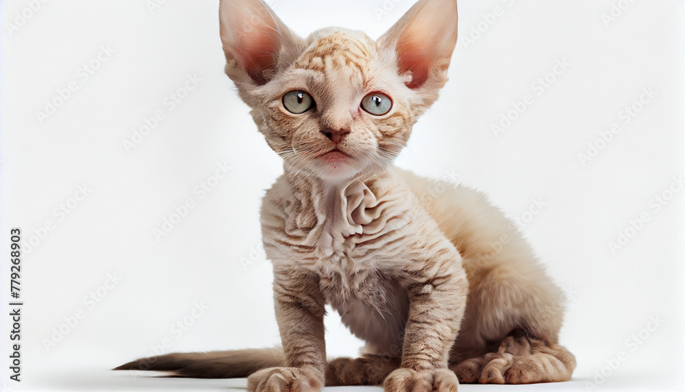 Fototapeta premium Devon Rex Cat Kitten on White Background