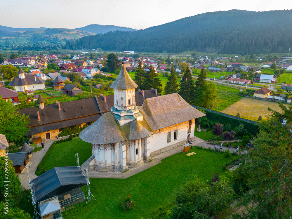 Sunset at the Moldovita monastery in Romania