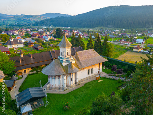 Sunset at the Moldovita monastery in Romania photo