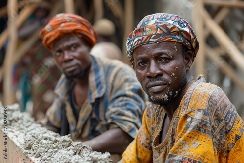 Two African construction workers taking a break, one with an intense gaze