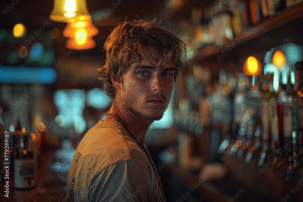 Fototapeta premium A young man with a deep gaze sits alone in a bar with rich, warm ambient lighting