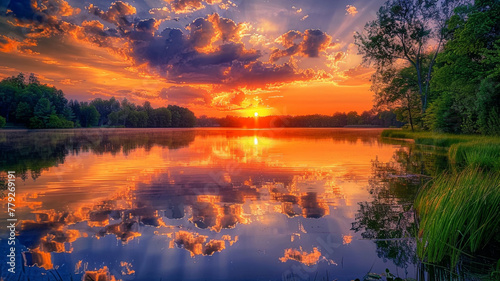 A serene lake reflecting the vibrant hues of a fiery summer sunset. © CREATER CENTER