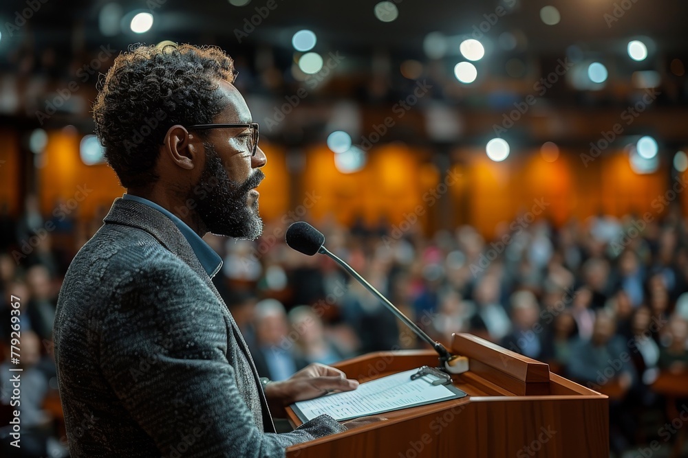 Fototapeta premium A public speaker stands confidently at the podium, delivering a speech to an engaged audience