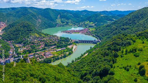 Aerial view of Zvornik hydroelectric power plant between Bosnia and Serbia photo