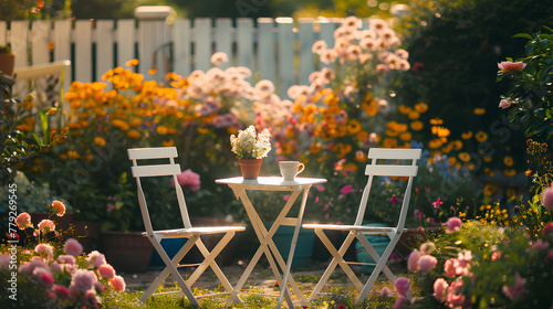 A garden b   betic with two white folding chairs and table  surrounded by flowers in the background. The scene is captured from an eyelevel perspective