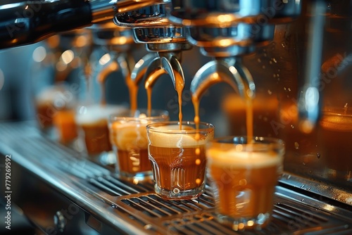 Freshly brewed espresso pouring into four cups from a professional coffee machine in a vibrant cafe atmosphere