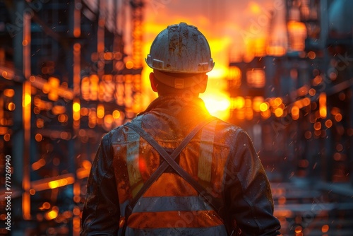 Back view of an oil industry worker at dawn, with reflective gear and safety helmet