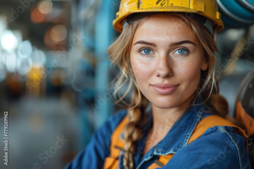 Female industrial worker with a safety helmet posing confidently in a factory © Larisa AI