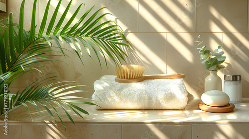 
A clean bathroom background with a green palm branch casting shadows, a terry cotton towel and a massage brush