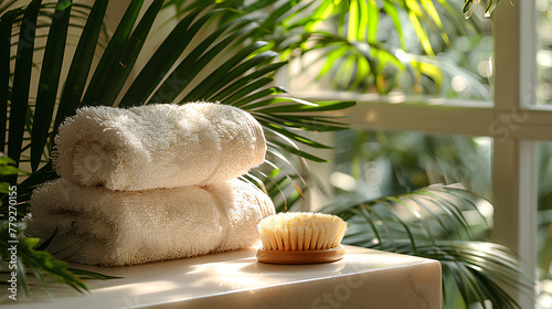
A clean bathroom background with a green palm branch casting shadows, a terry cotton towel and a massage brush