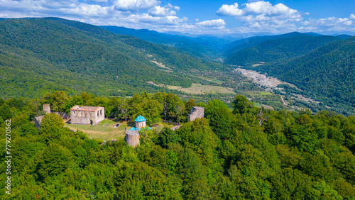 Kvetera Fortress's Church in Georgia during summer