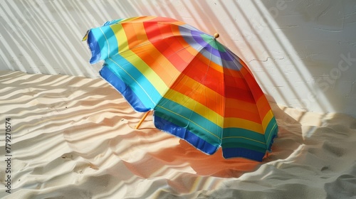 Beach umbrella 3d handmade style casting a striped shadow  colorful