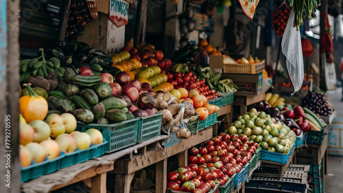 A vibrant market stall overflowing with fresh fruits and vegetables. photo