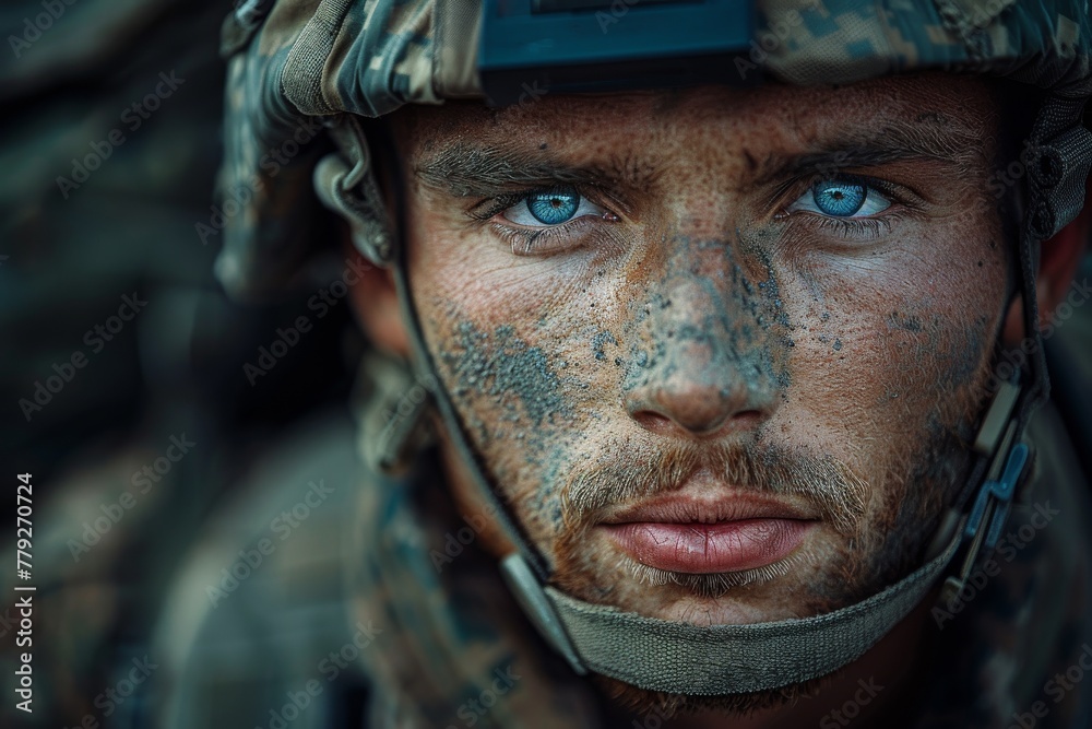A close-up portrait of a soldier with sharp blue eyes covered in camouflage face paint and military gear A close-up portrait of a soldier with sharp blue eyes covered in camouflage face paint and military gear