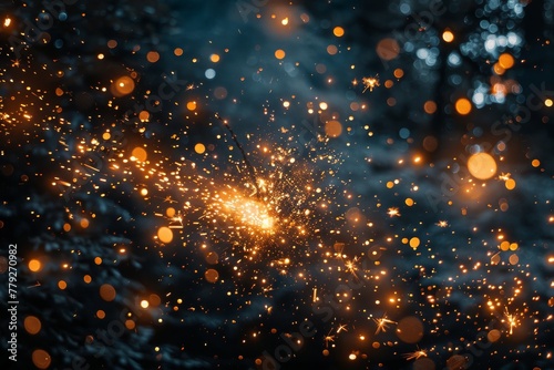 A stunning visual of golden sparkles radiating from a central point, resembling a firework display against a dark night sky