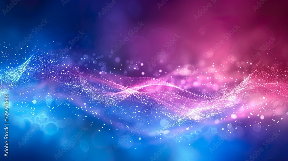 Fototapeta premium sign wave structure network image, blue background, colorful particles, high contrast complementary color